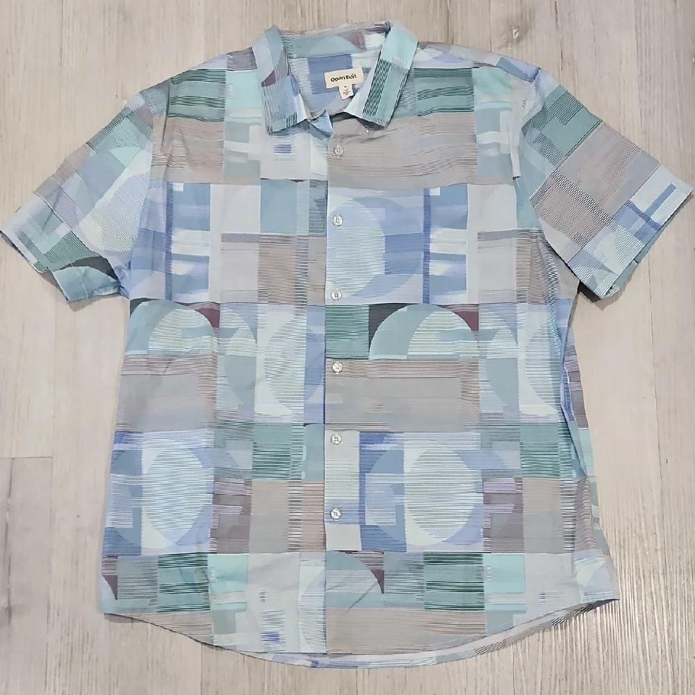 Open EDIT Mens XL Geometric Patterned Blue Button Down